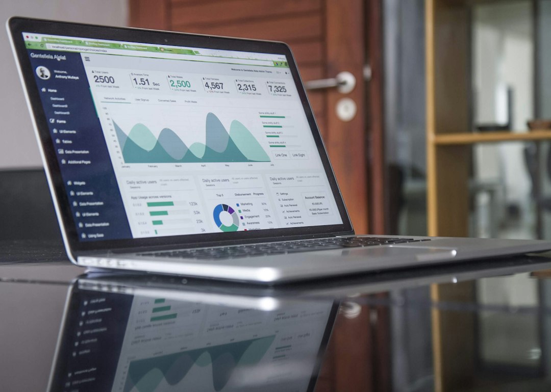 Laptop showing business statistics and analytics representing software reviews
